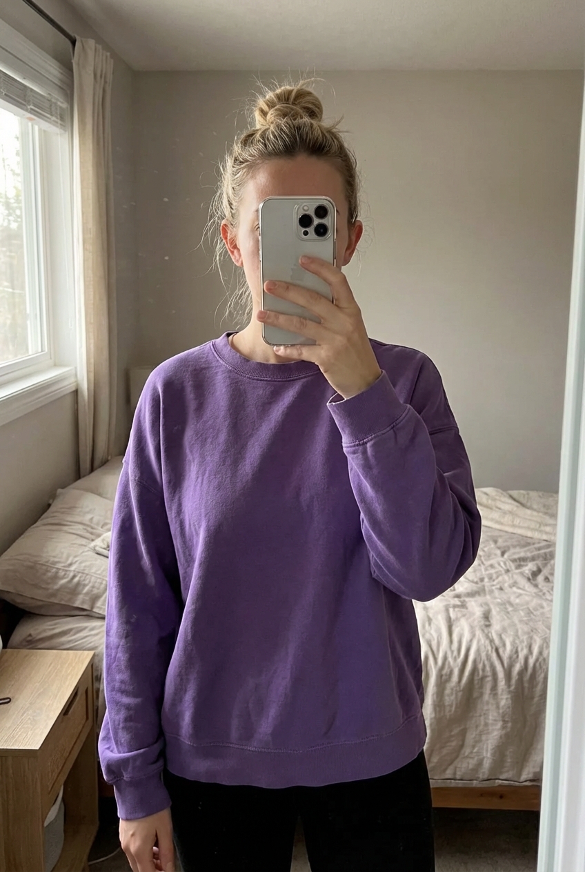 Pull sweat femme M - Maglione felpa Donna M in piedi, rivolto verso la fotocamera, in una camera da letto con luce soffusa e luce naturale che filtra dalla finestra.