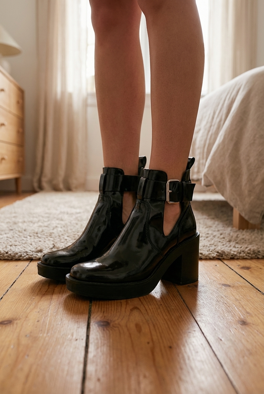 Bottines à talon Zara debout, face à la caméra, dans une chambre à la lumière douce, avec une lumière naturelle filtrant par la fenêtre.