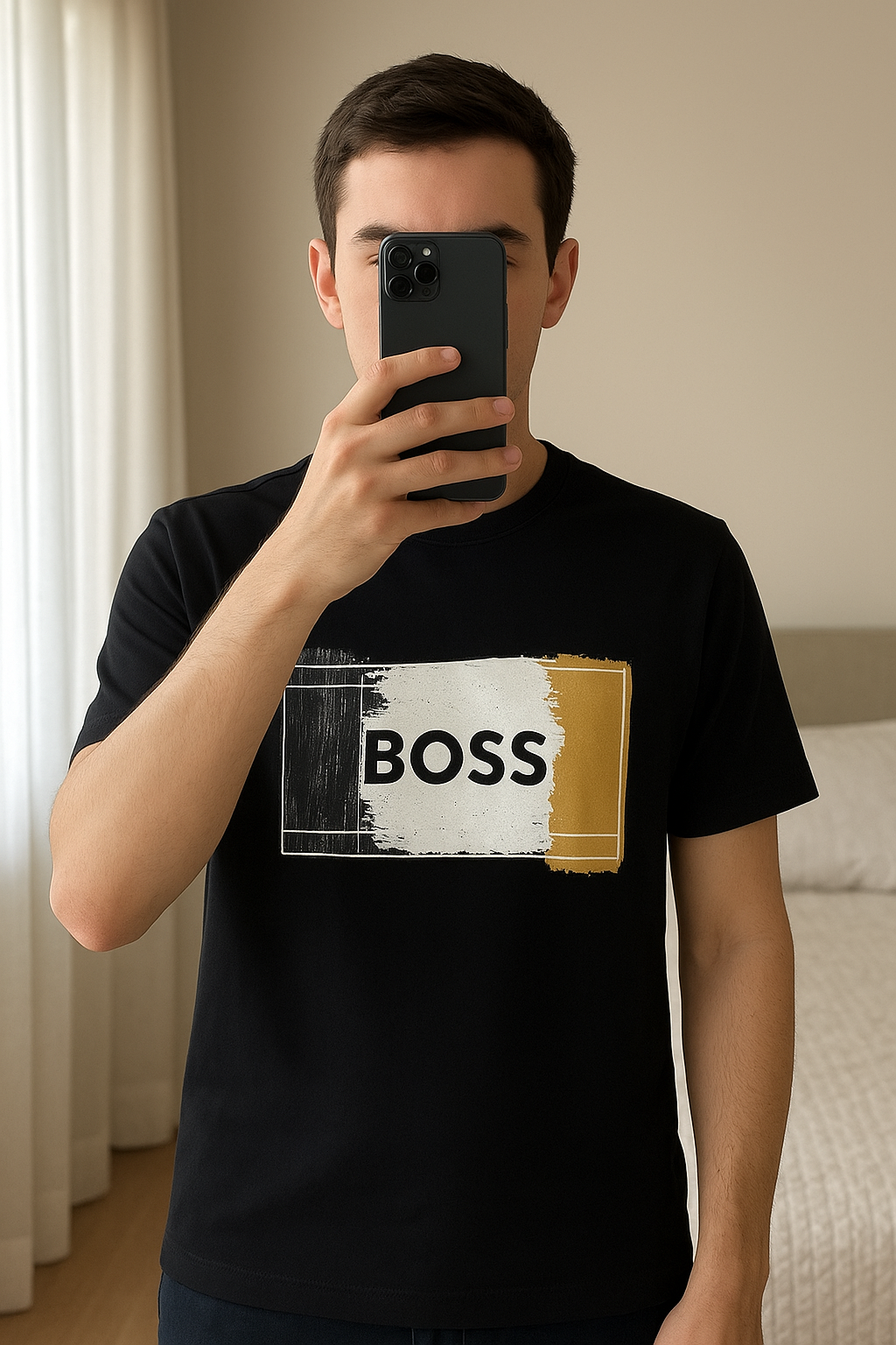 T-shirt boss debout, face à la caméra, dans une chambre à la lumière douce, avec une lumière naturelle filtrant par la fenêtre.