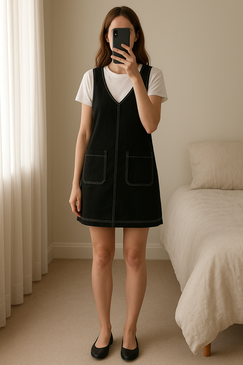 Nasty gal/ Daphnea pinafore dress standing straight facing the camera, in a softly lit bedroom setting, with gentle natural light filtering through a window.