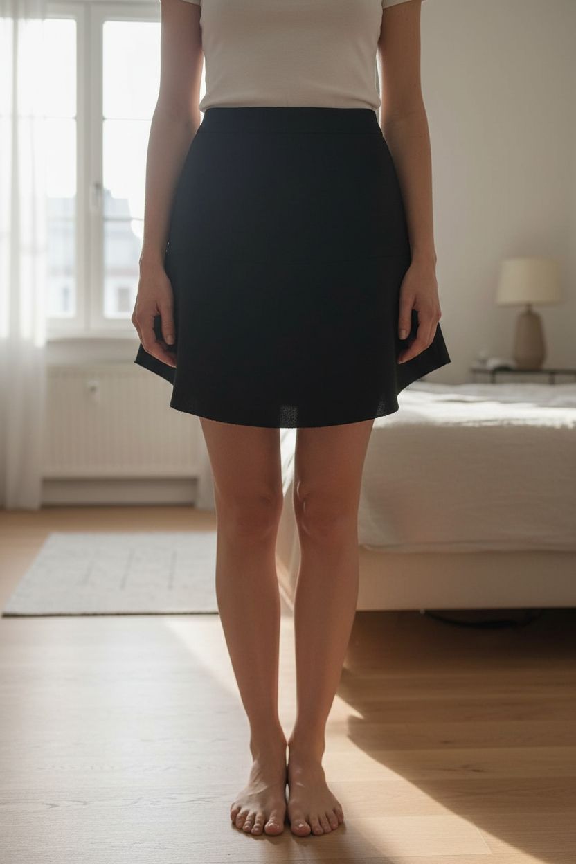 Jupe noire Iro taille 38 debout, face à la caméra, dans une chambre à la lumière douce, avec une lumière naturelle filtrant par la fenêtre.