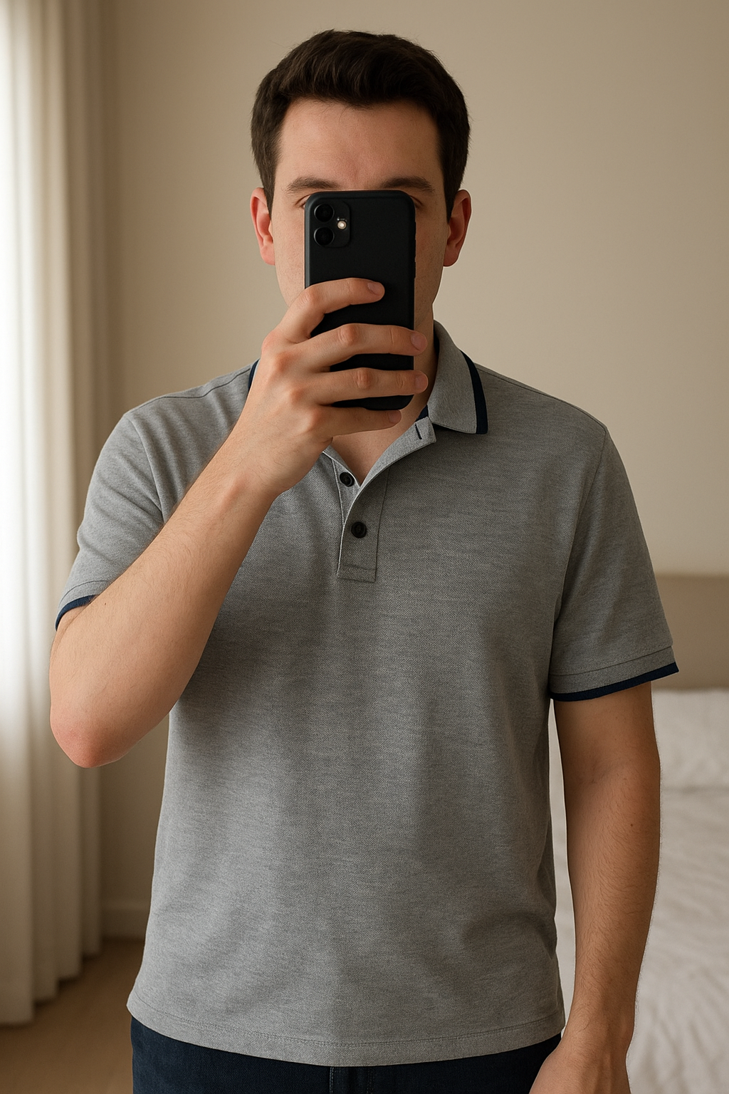 Zara polo em pé, de frente para a câmera, em um quarto com iluminação suave e luz natural filtrando pela janela.