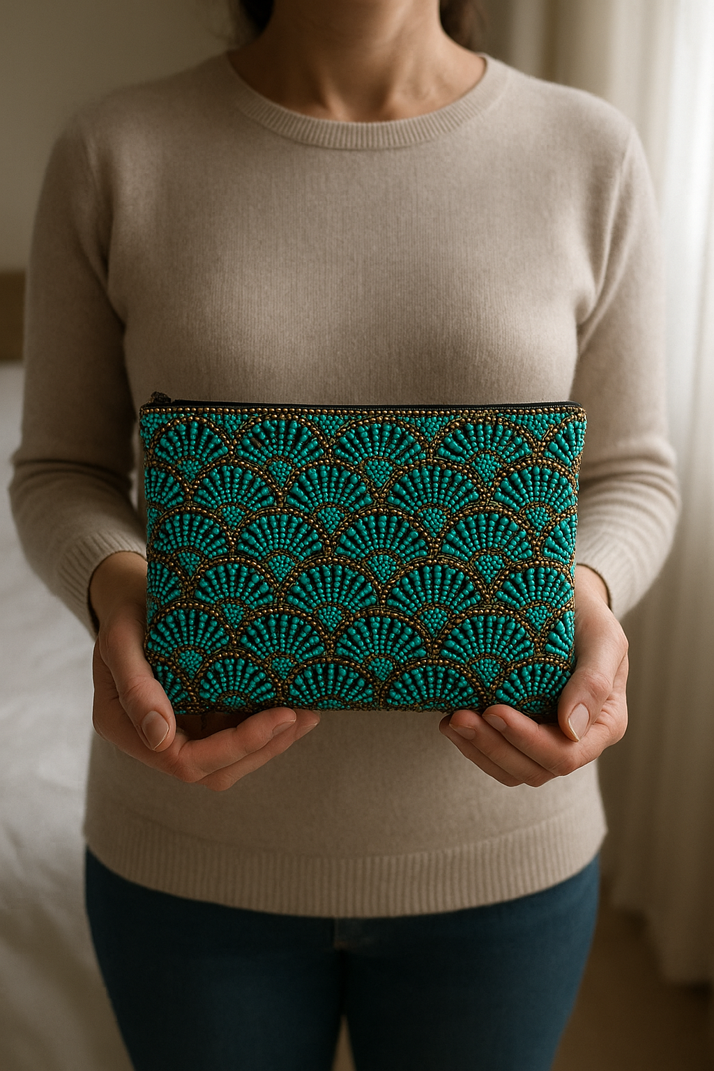 Fait main pochette perlée turquoise & bronze. NOËL .soirée debout, face à la caméra, dans une chambre à la lumière douce, avec une lumière naturelle filtrant par la fenêtre.