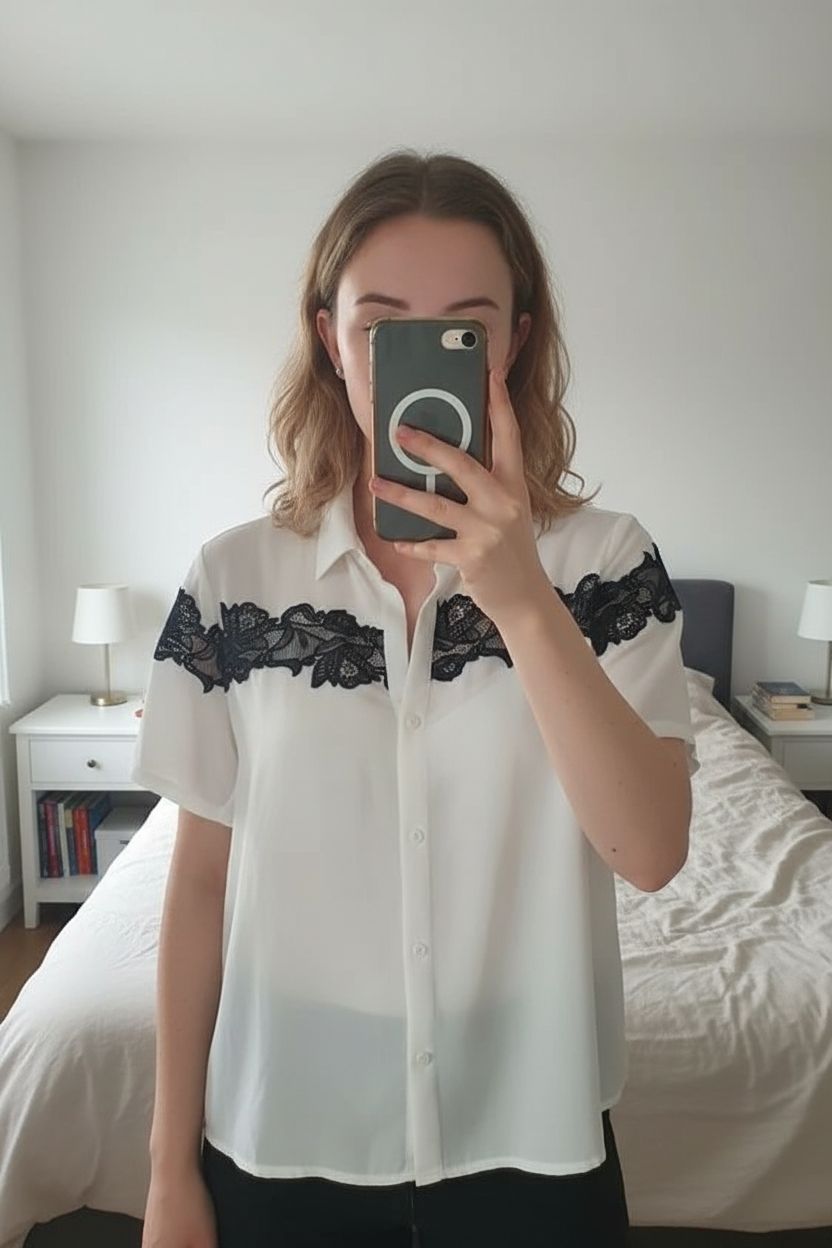 Chemisier blanc the kooples xxs debout, face à la caméra, dans une chambre à la lumière douce, avec une lumière naturelle filtrant par la fenêtre.