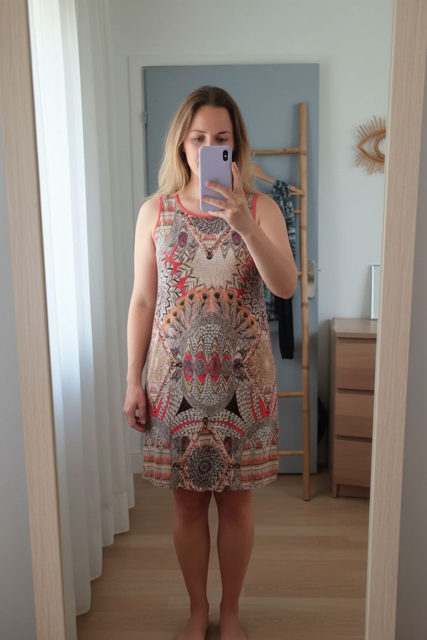 Une personne en Robe imprimée Etam debout, face à la caméra, avec une silhouette légèrement plus ronde, dans une chambre à la lumière douce, avec une lumière naturelle filtrant par la fenêtre.