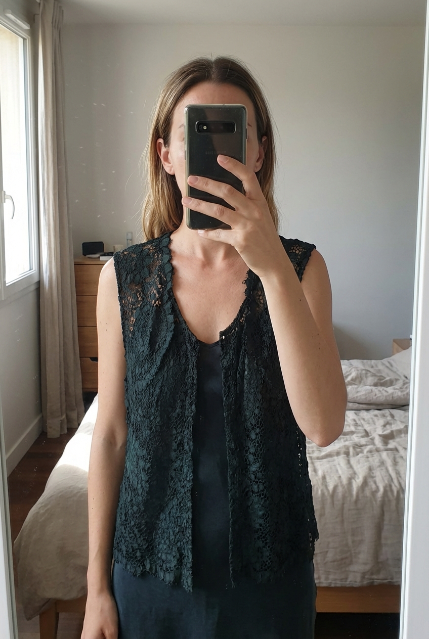 Gilet dentelle debout, face à la caméra, dans une chambre à la lumière douce, avec une lumière naturelle filtrant par la fenêtre.