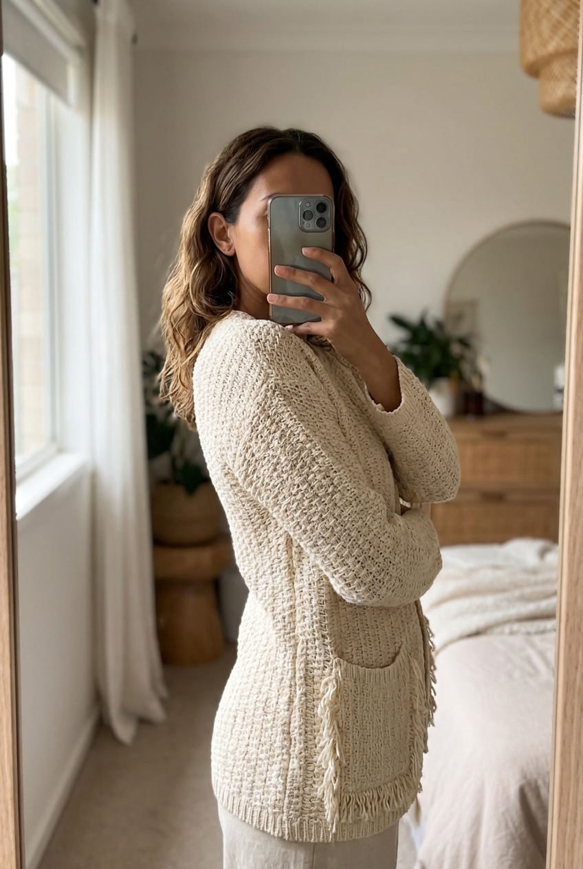 Una persona con Cárdigan punto Bimba Y Lola arqueando ligeramente la espalda para una pose dinámica, con tipo de cuerpo delgado, en un dormitorio con luz suave y natural filtrándose por la ventana.
