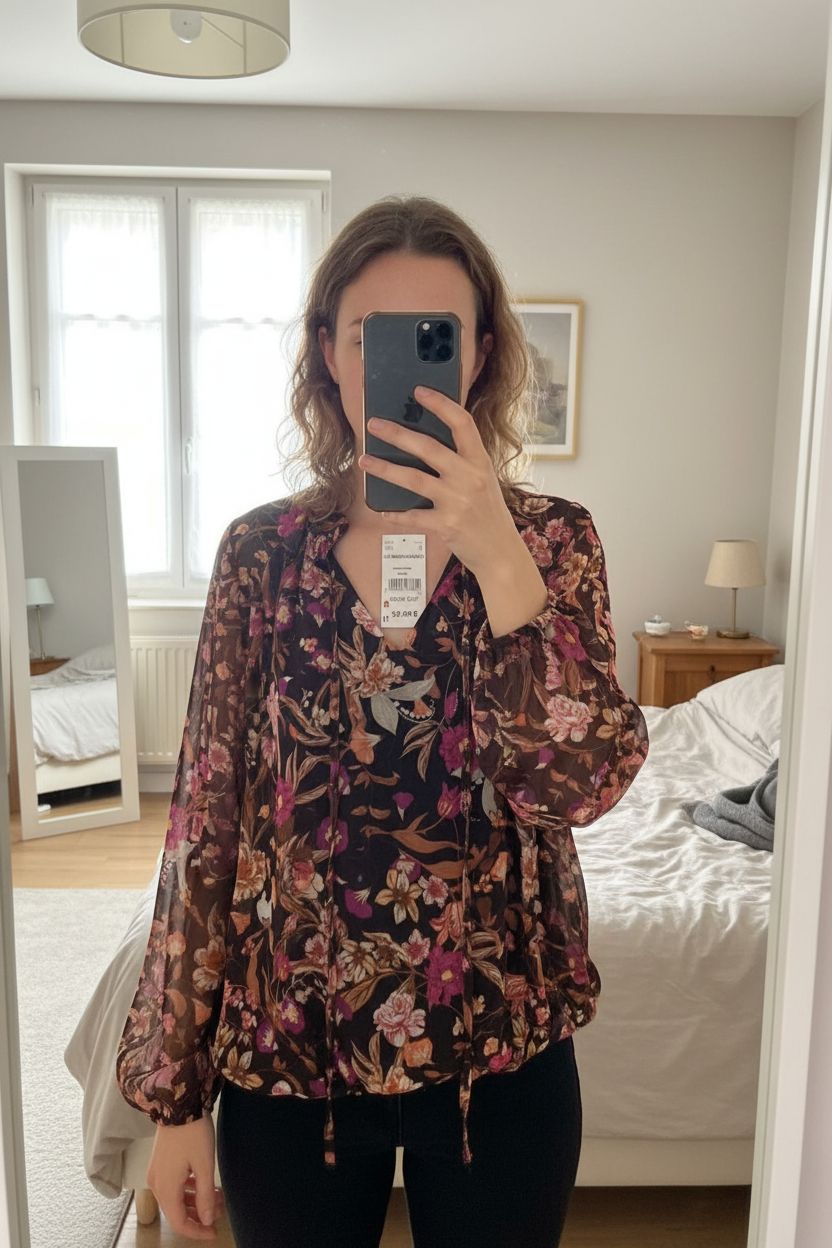 Blouse marque Carnaby debout, face à la caméra, dans une chambre à la lumière douce, avec une lumière naturelle filtrant par la fenêtre.