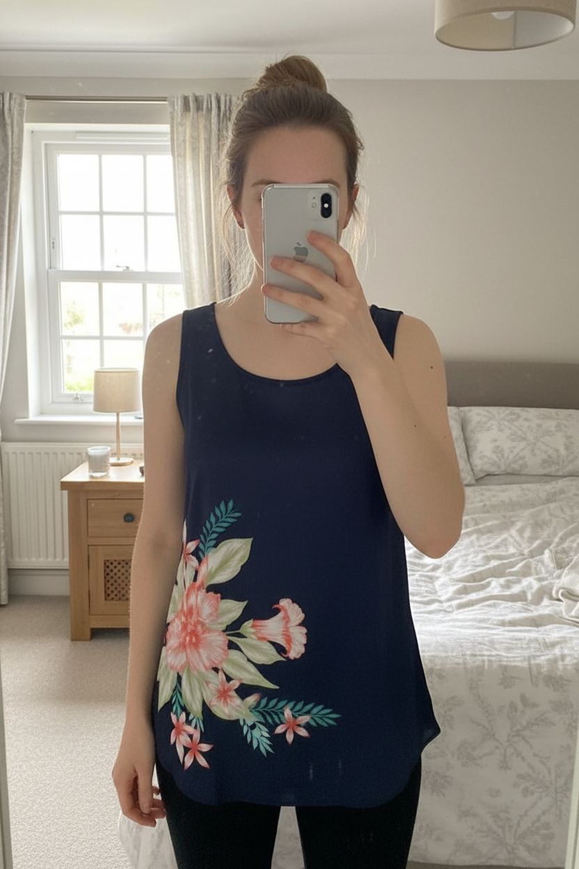 A person in Red Herring Floral silky fronted sleeveless vest top size 8 standing straight facing the camera, in a softly lit bedroom setting, with gentle natural light filtering through a window.
