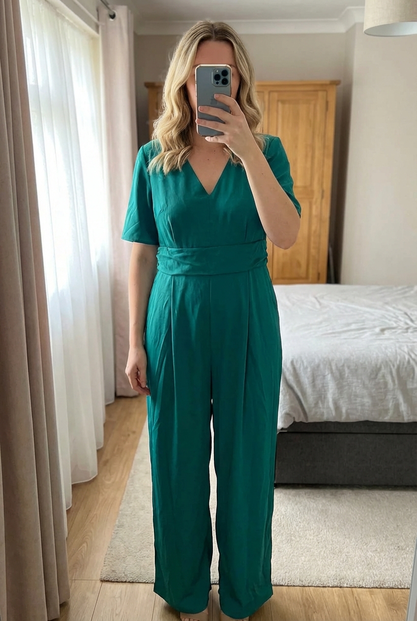 Combis SHEIN 3xl debout, face à la caméra, dans une chambre à la lumière douce, avec une lumière naturelle filtrant par la fenêtre.