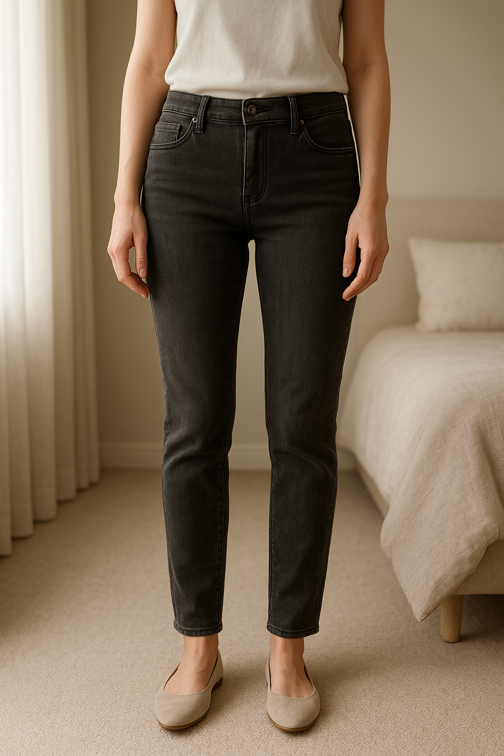 Jeans debout, face à la caméra, dans une chambre à la lumière douce, avec une lumière naturelle filtrant par la fenêtre.