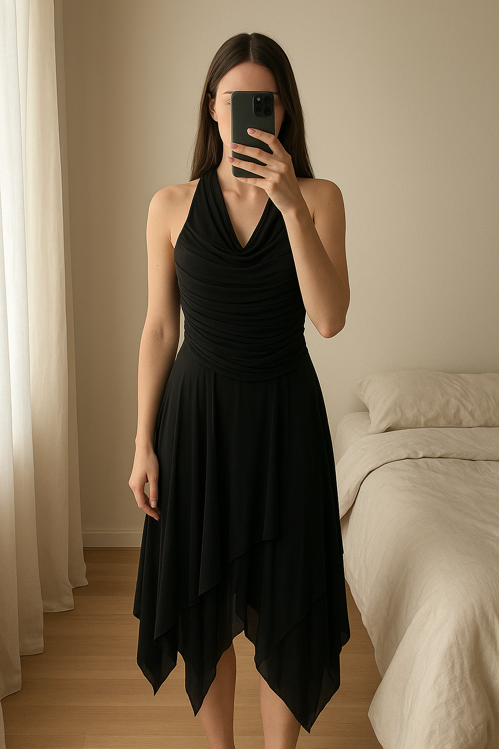 Robe decolté et dos nu debout, face à la caméra, dans une chambre à la lumière douce, avec une lumière naturelle filtrant par la fenêtre.