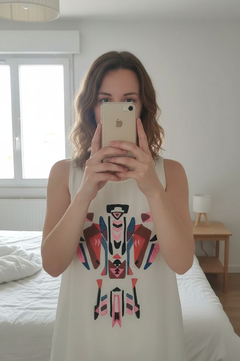 Top See U Soon debout, face à la caméra, dans une chambre à la lumière douce, avec une lumière naturelle filtrant par la fenêtre.