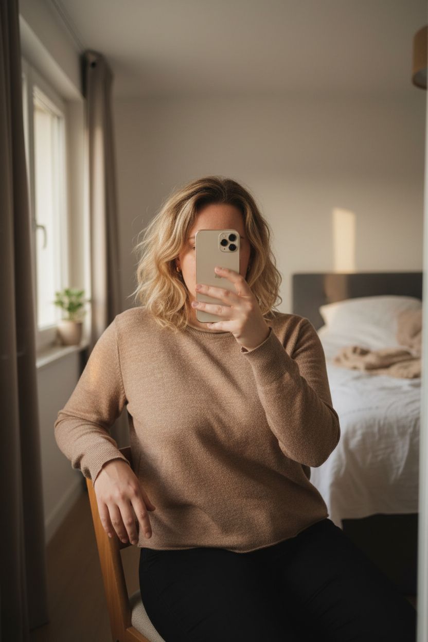 Une personne en Pull GAP Camel assis sur une chaise haute, avec une posture détendue, avec une silhouette légèrement plus ronde, dans une chambre à la lumière douce, avec une lumière naturelle filtrant par la fenêtre.