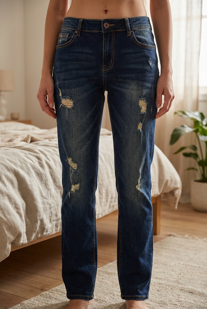 Jean Femme troué debout, face à la caméra, dans une chambre à la lumière douce, avec une lumière naturelle filtrant par la fenêtre.
