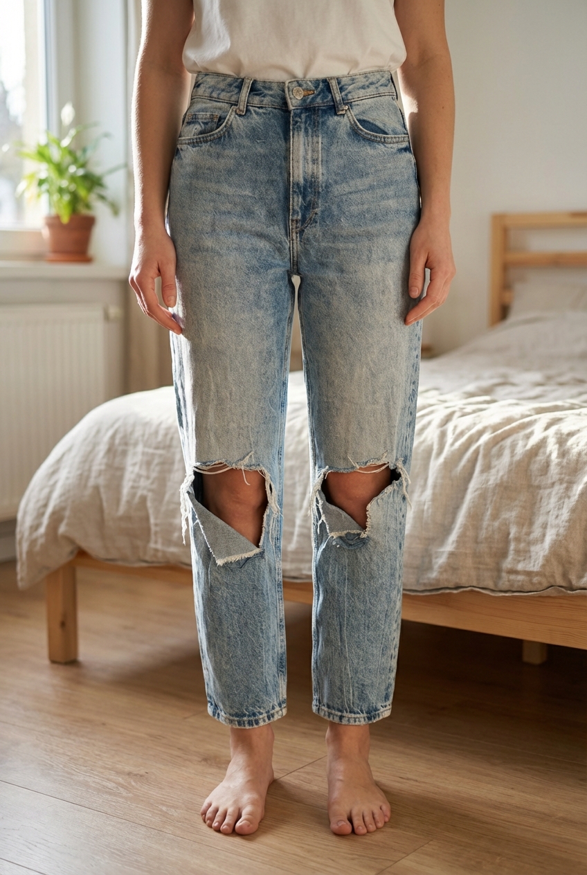 Una persona in Jeans droit taille haute cropped straight Bershka 38 in piedi, rivolto verso la fotocamera, in una camera da letto con luce soffusa e luce naturale che filtra dalla finestra.