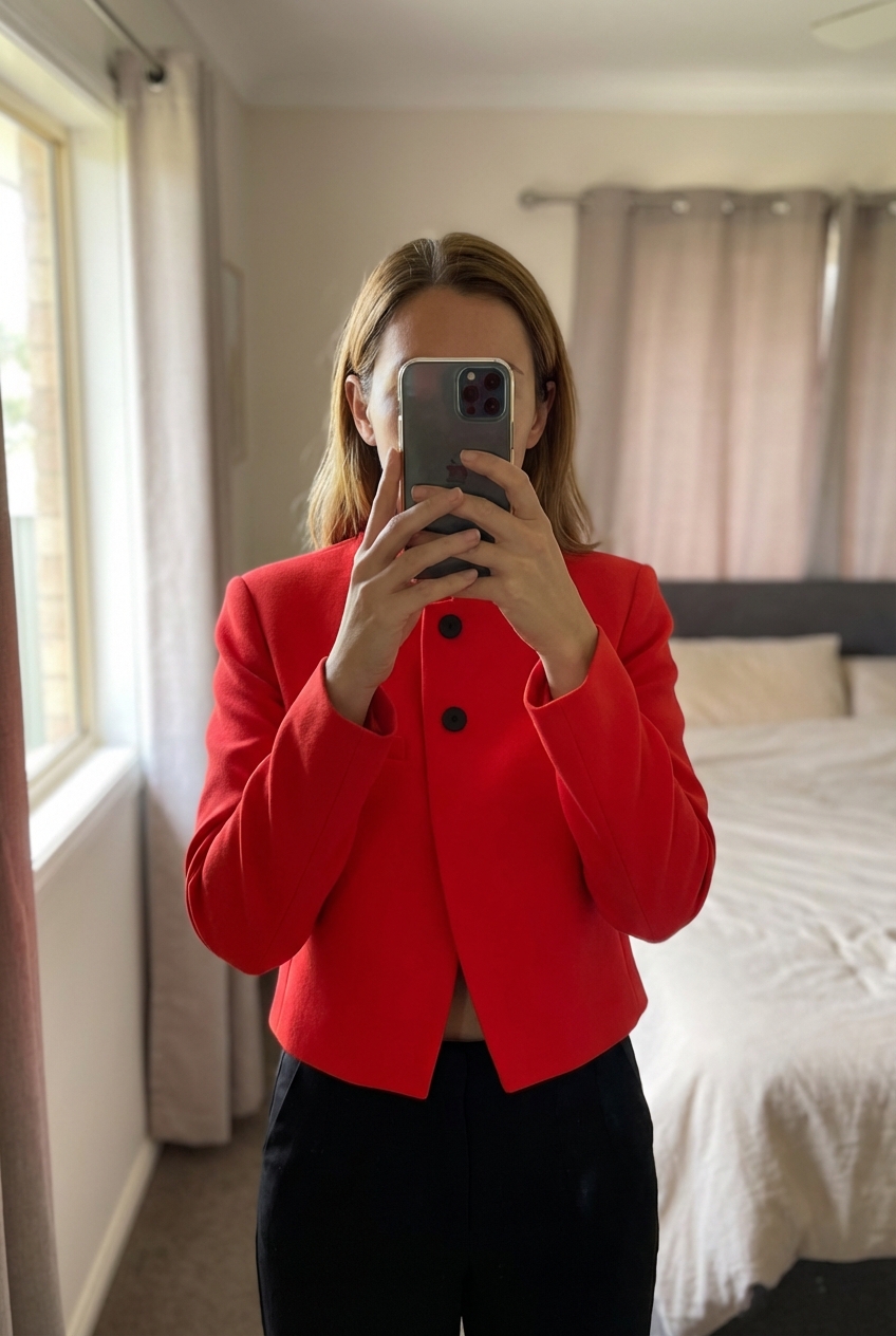 Une personne en Blazer Rouge Zara Taille M debout, face à la caméra, dans une chambre à la lumière douce, avec une lumière naturelle filtrant par la fenêtre.