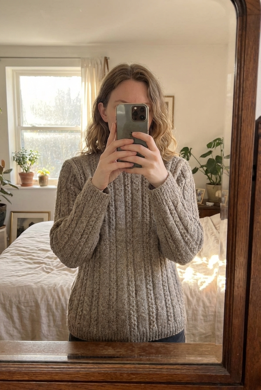 Pull Fait Main Tricot Aran Wool Sweater 100% Laine Gris Kaki Aran Craft L debout, face à la caméra, dans une chambre à la lumière douce, avec une lumière naturelle filtrant par la fenêtre.