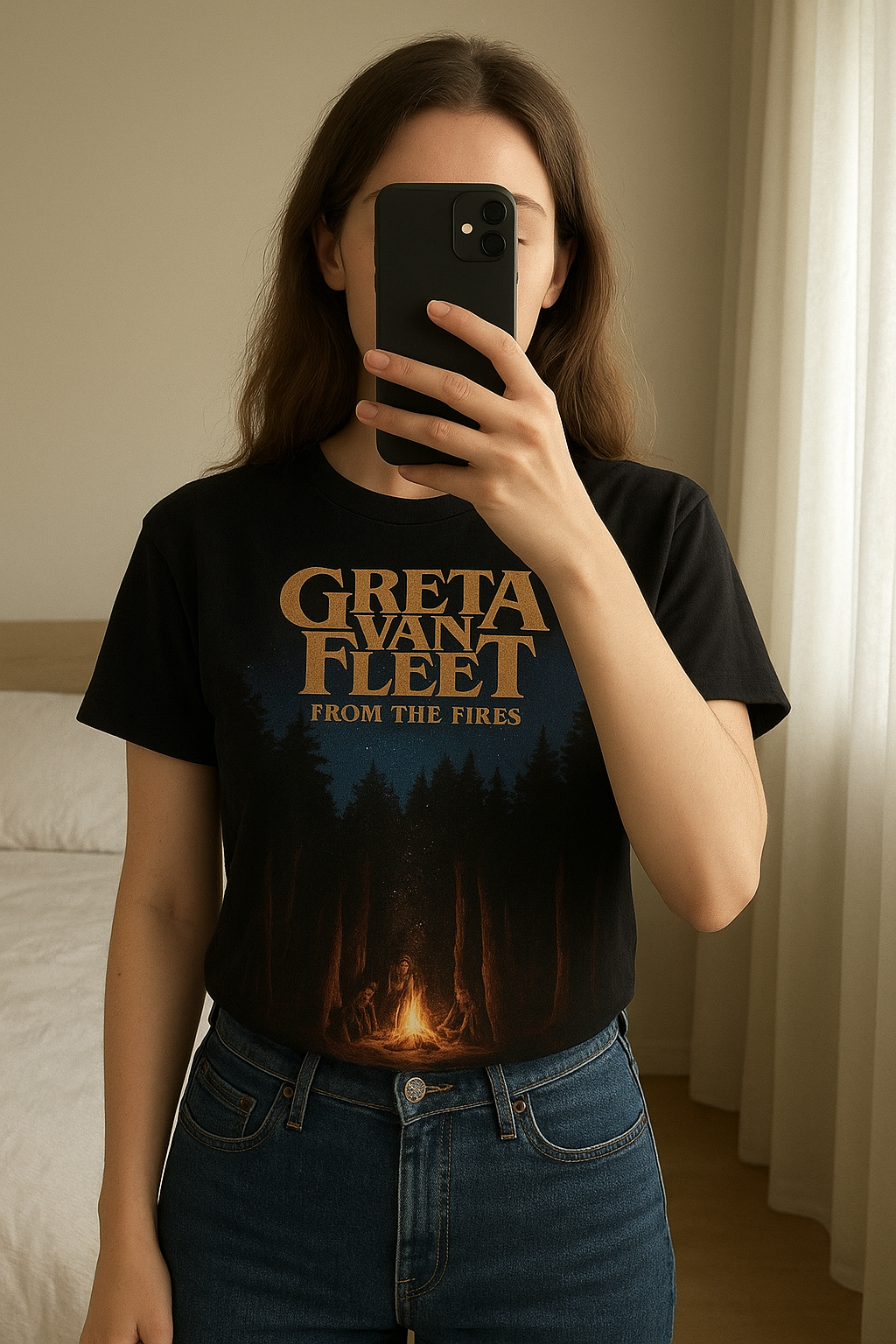 Greta Van Fleet Vinyl ~ From the fires standing straight facing the camera, in a softly lit bedroom setting, with gentle natural light filtering through a window.