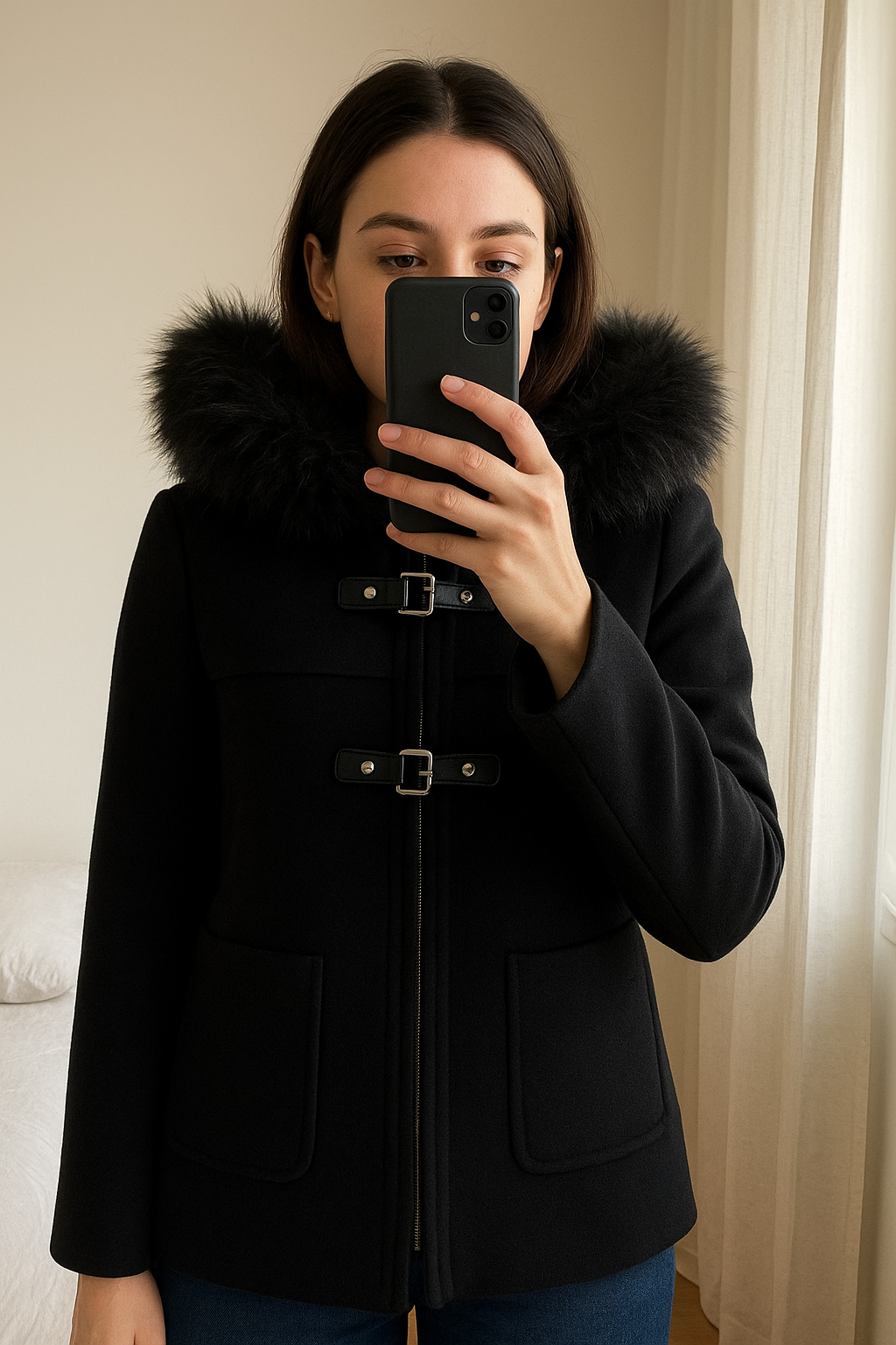 Manteau d’hiver debout, face à la caméra, dans une chambre à la lumière douce, avec une lumière naturelle filtrant par la fenêtre.