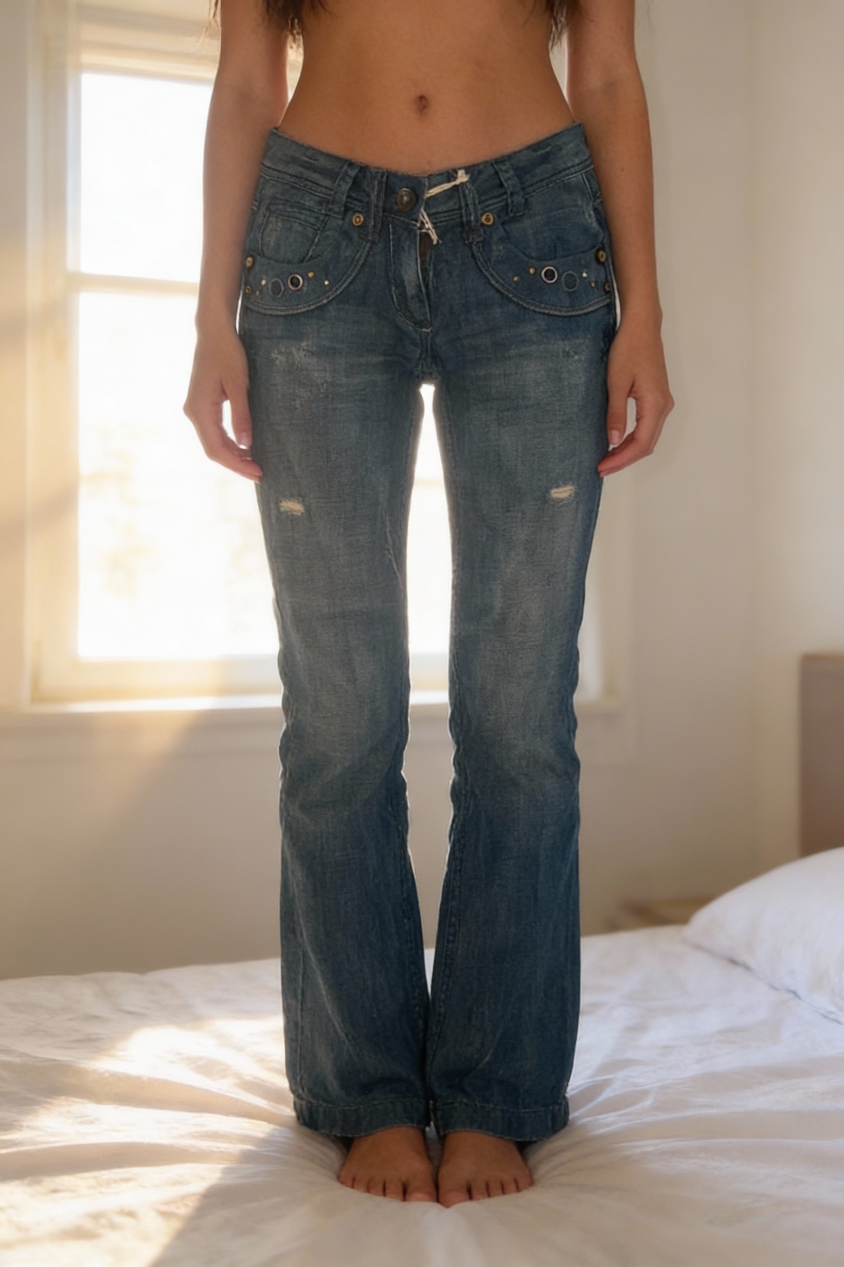 A person in Y2K blue denim low waisted straight leg jeans standing straight facing the camera, in a softly lit bedroom setting, with gentle natural light filtering through a window.