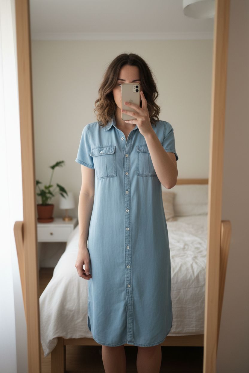 Ladies denim dress standing straight facing the camera, in a softly lit bedroom setting, with gentle natural light filtering through a window.