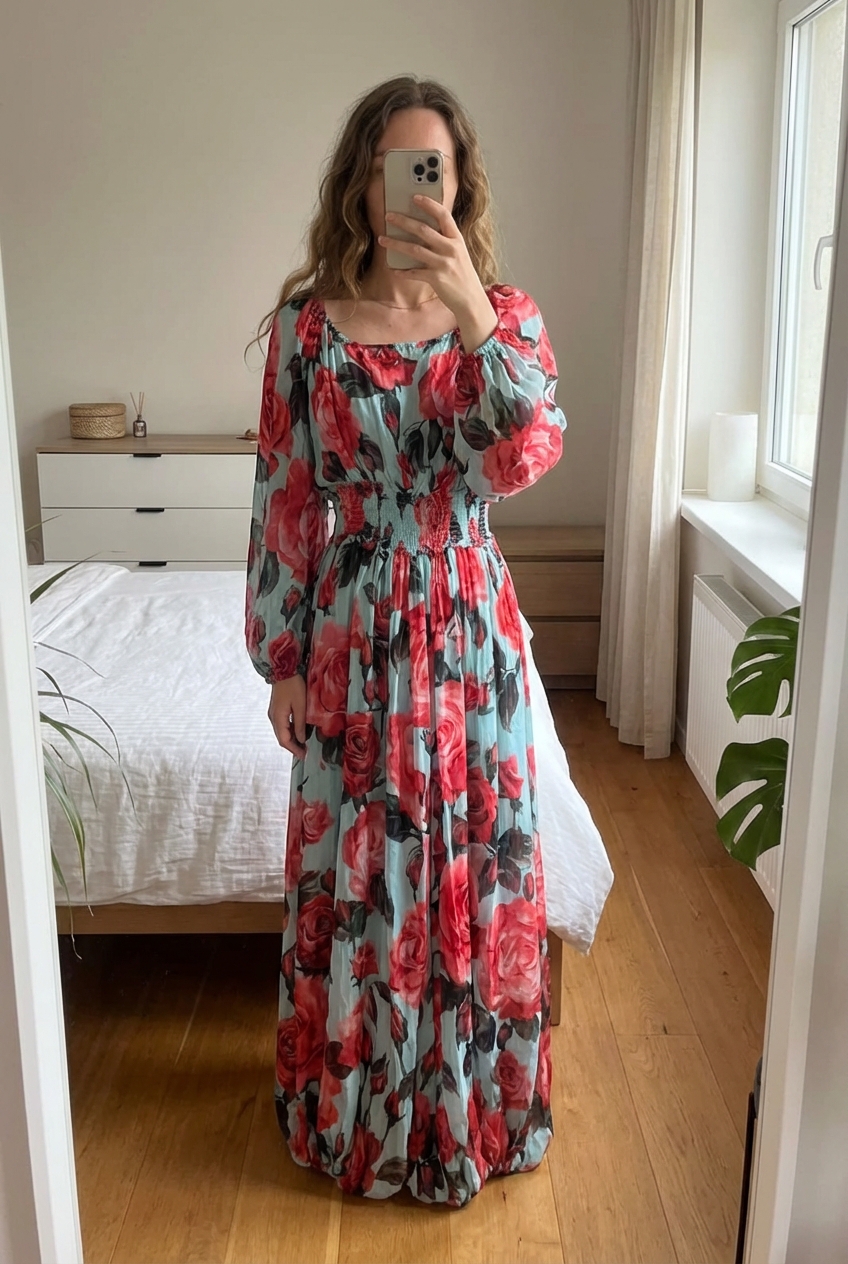 Combinaison soie D&G bleu fleurs 38 debout, face à la caméra, dans une chambre à la lumière douce, avec une lumière naturelle filtrant par la fenêtre.