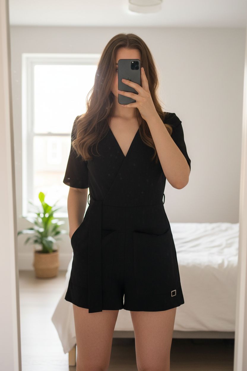 Zara Playsuit Black standing straight facing the camera, in a softly lit bedroom setting, with gentle natural light filtering through a window.