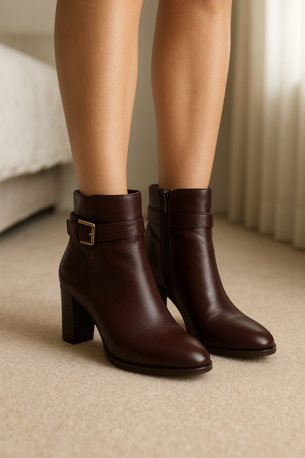 Bottines à talons bordeaux Pimkie debout, face à la caméra, dans une chambre à la lumière douce, avec une lumière naturelle filtrant par la fenêtre.
