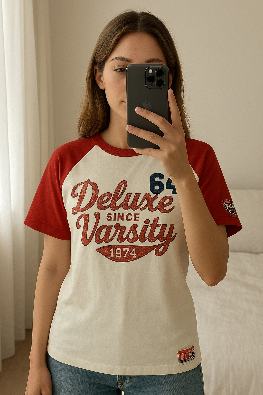 T-shirt motard vintage debout, face à la caméra, dans une chambre à la lumière douce, avec une lumière naturelle filtrant par la fenêtre.