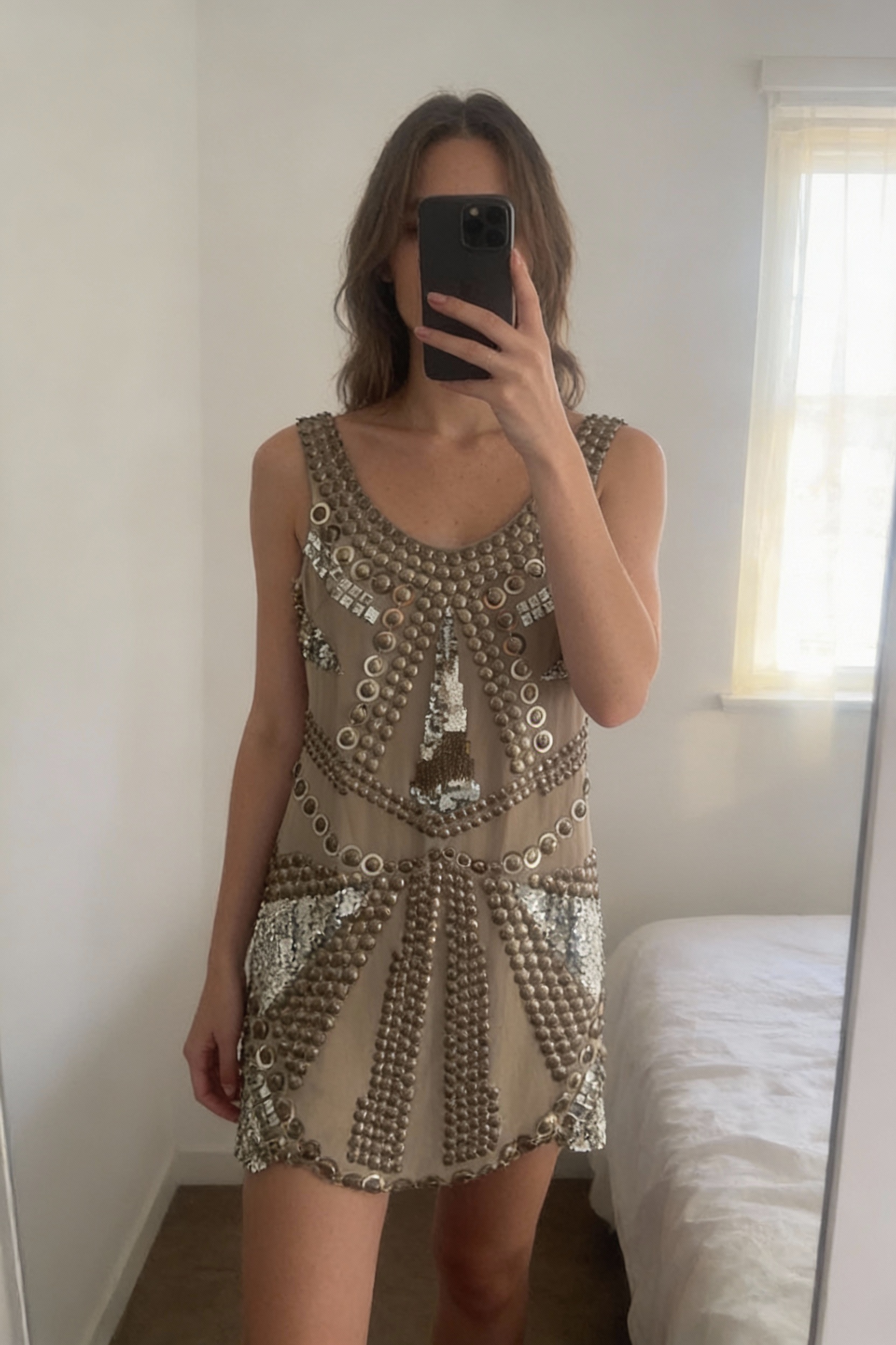 ASOS Luxe dress size 10 standing straight facing the camera, in a softly lit bedroom setting, with gentle natural light filtering through a window.