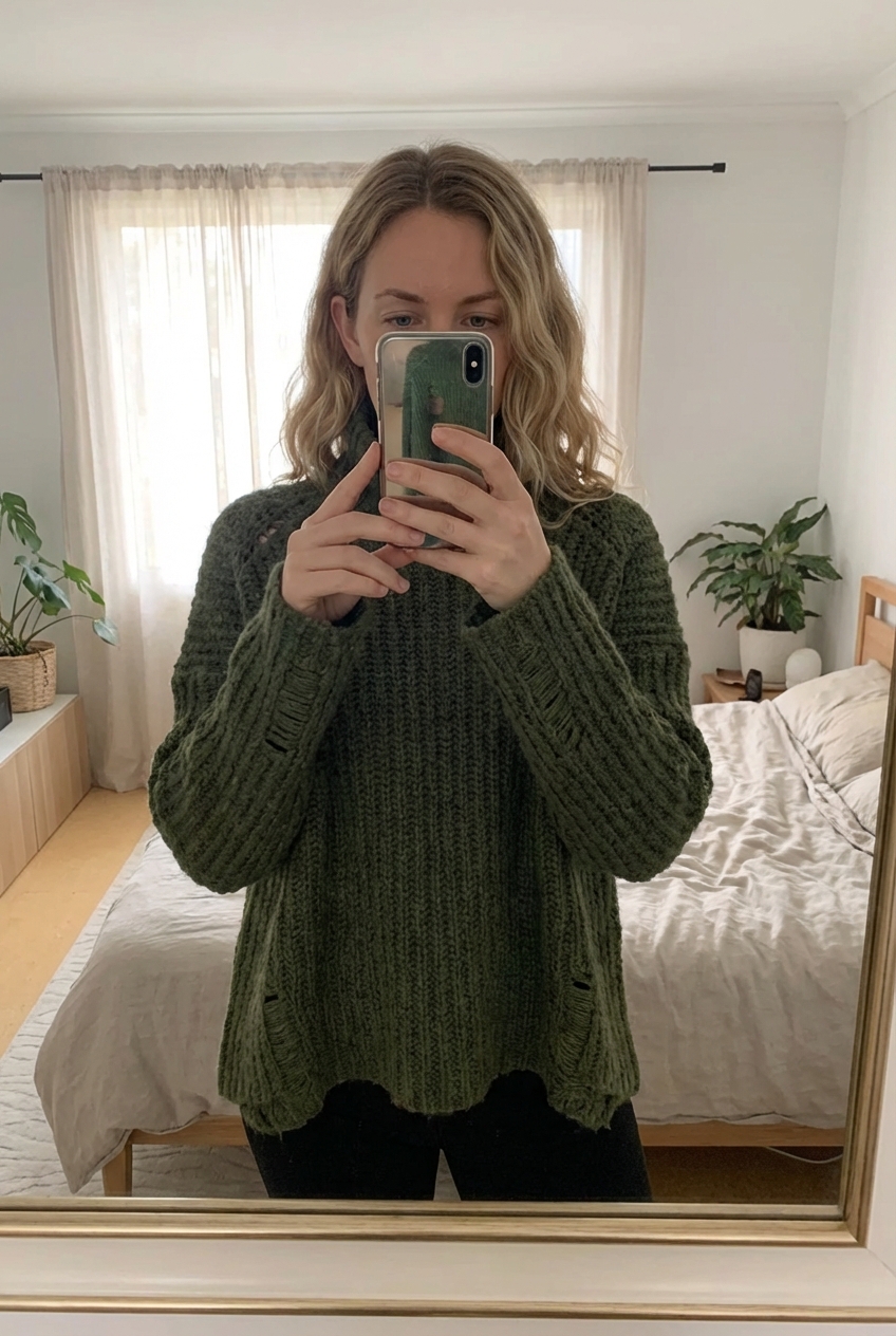 Pull d hiver Zara debout, face à la caméra, dans une chambre à la lumière douce, avec une lumière naturelle filtrant par la fenêtre.