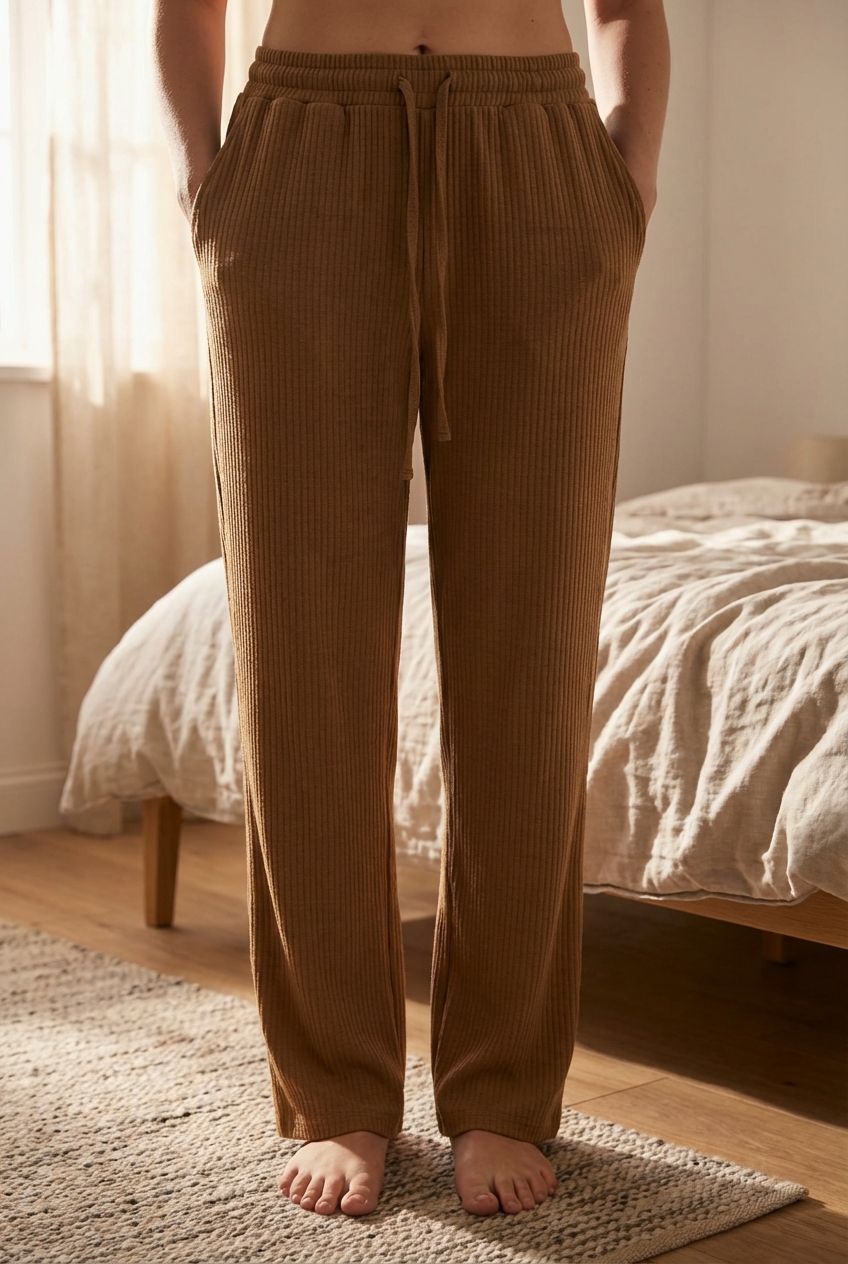 Pantalon Femme debout, face à la caméra, dans une chambre à la lumière douce, avec une lumière naturelle filtrant par la fenêtre.