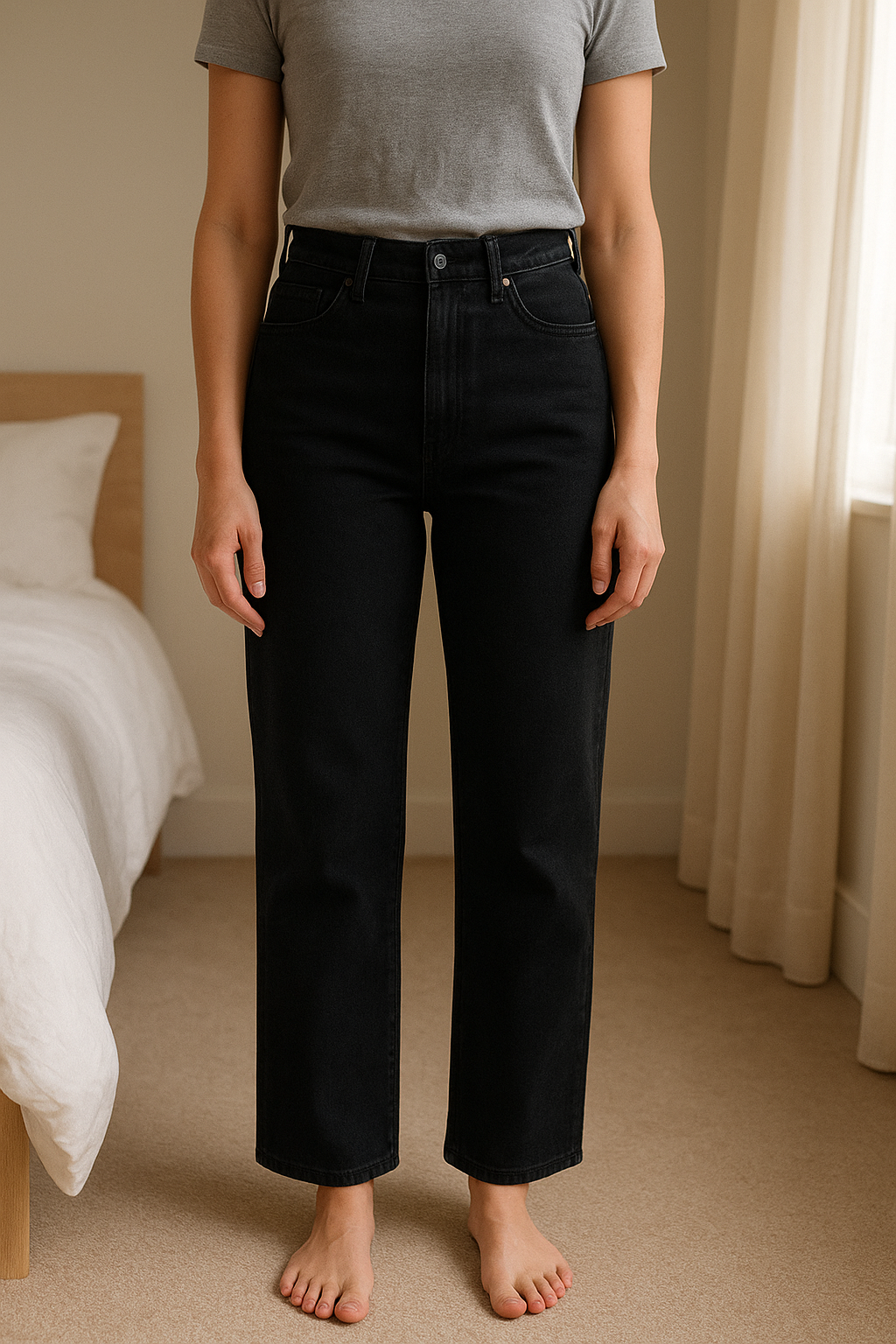 Jean noir droit debout, face à la caméra, dans une chambre à la lumière douce, avec une lumière naturelle filtrant par la fenêtre.