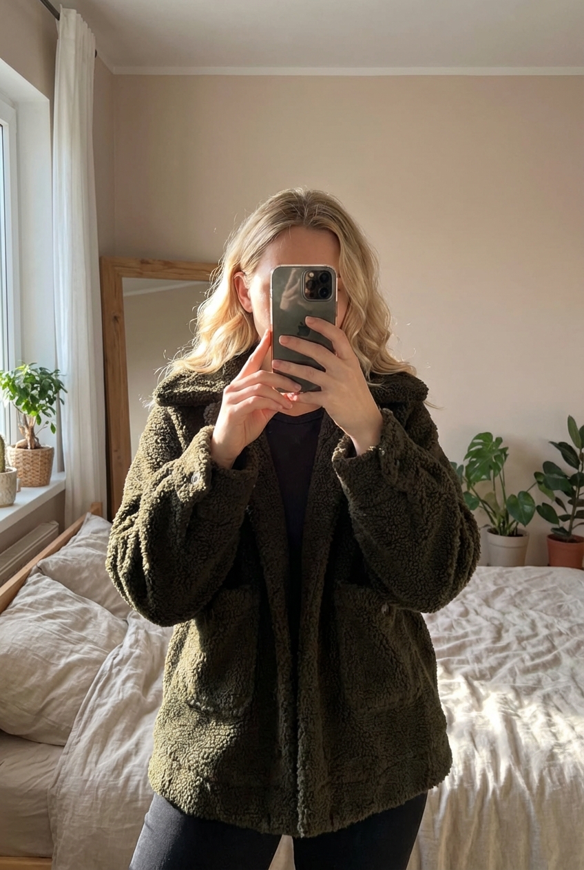 Veste Zara moumoute M - Giacca Zara donna M in piedi, rivolto verso la fotocamera, in una camera da letto con luce soffusa e luce naturale che filtra dalla finestra.