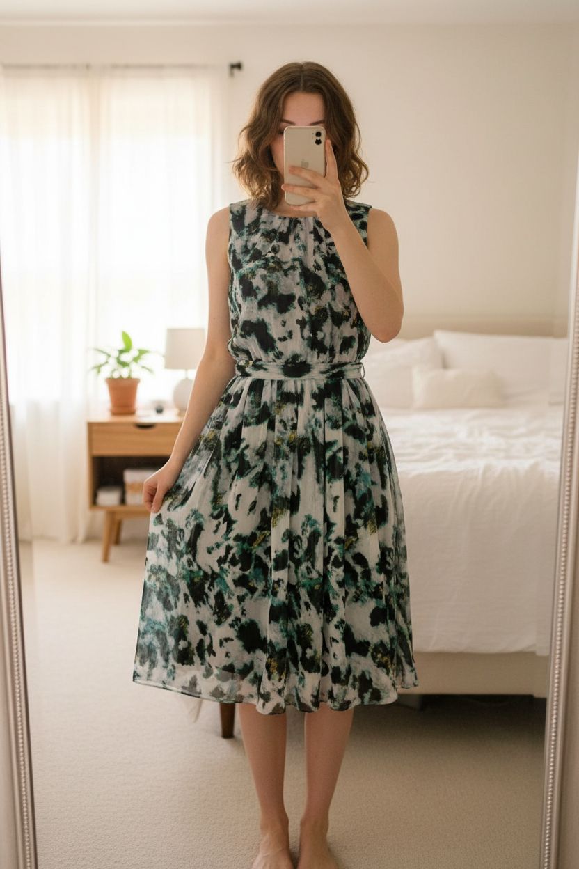 M&S Green Abstract Print Belted Midi Dress UK12 Floaty Summer Chiffon Fairycore standing straight facing the camera, in a softly lit bedroom setting, with gentle natural light filtering through a window.