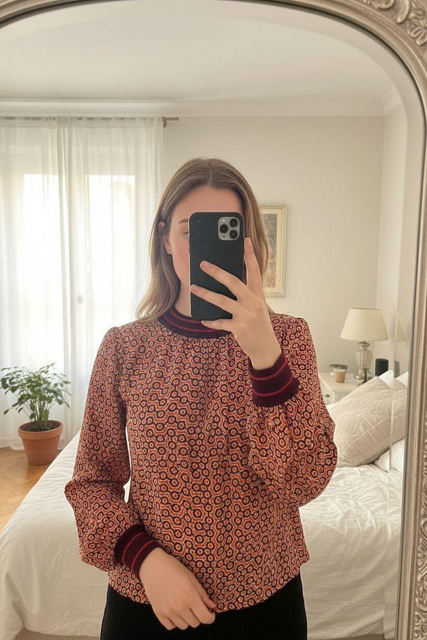 Top en soie imprimé-Retro chic-Made in Italy -M debout, face à la caméra, dans une chambre à la lumière douce, avec une lumière naturelle filtrant par la fenêtre.