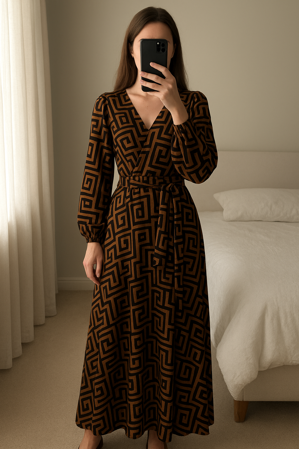 Gold & Black Geometric Print Maxi Dress standing straight facing the camera, in a softly lit bedroom setting, with gentle natural light filtering through a window.