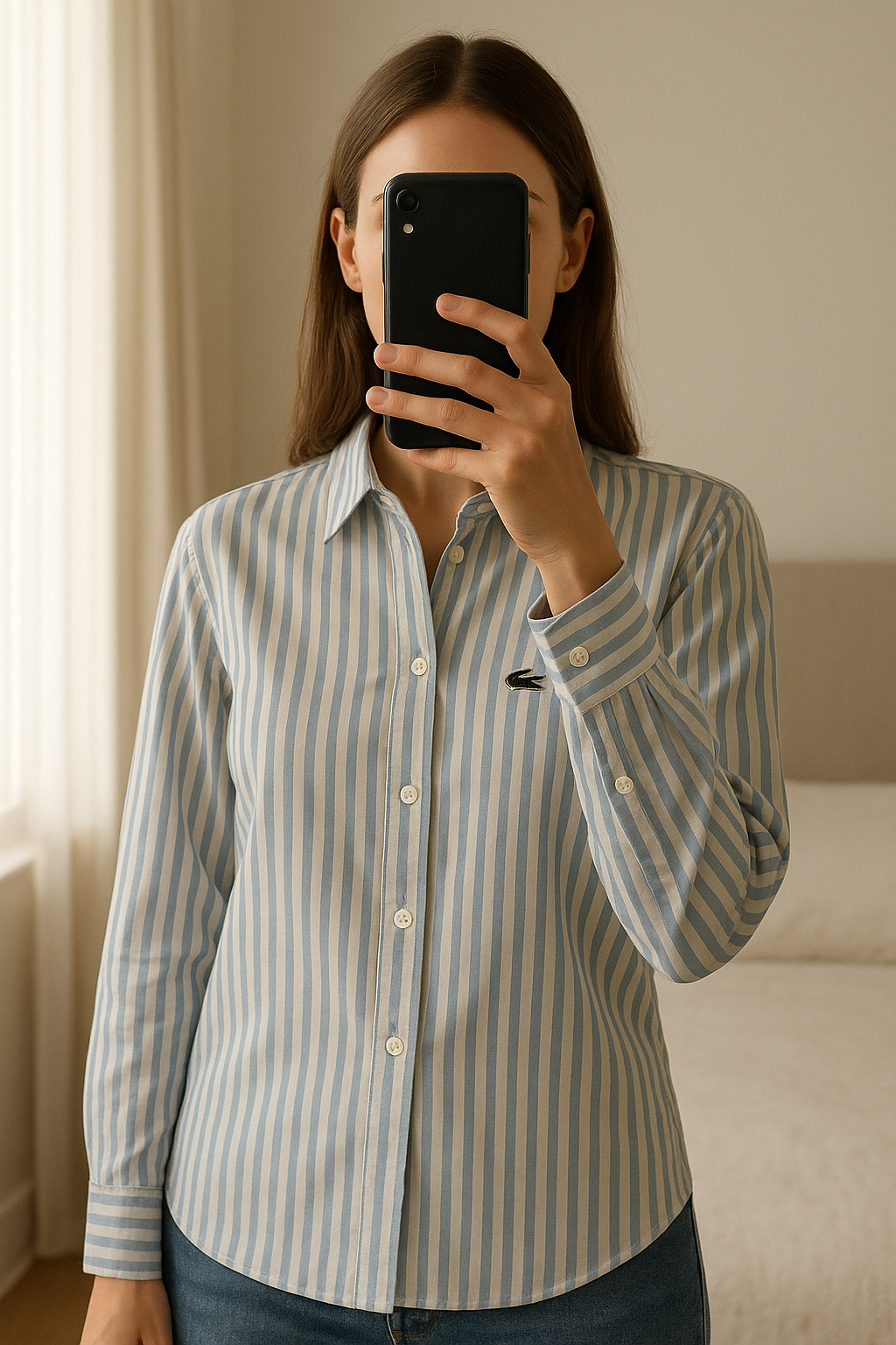 Chemisier Lacoste debout, face à la caméra, dans une chambre à la lumière douce, avec une lumière naturelle filtrant par la fenêtre.