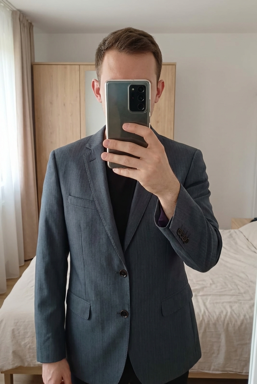Une personne en blazer homme Chevignon 58 debout, face à la caméra, dans une chambre à la lumière douce, avec une lumière naturelle filtrant par la fenêtre.