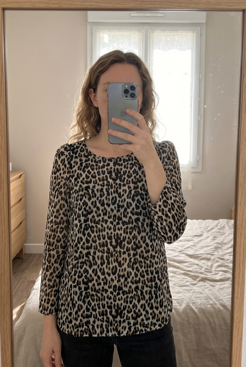 Blouse léopard Claudie Pierlot debout, face à la caméra, dans une chambre à la lumière douce, avec une lumière naturelle filtrant par la fenêtre.