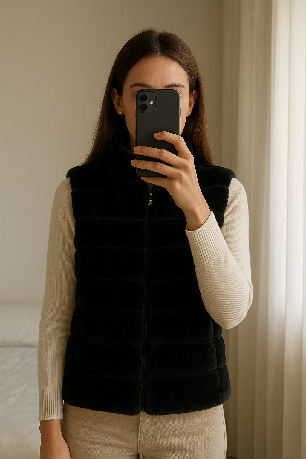 doudoune sans manches debout, face à la caméra, dans une chambre à la lumière douce, avec une lumière naturelle filtrant par la fenêtre.