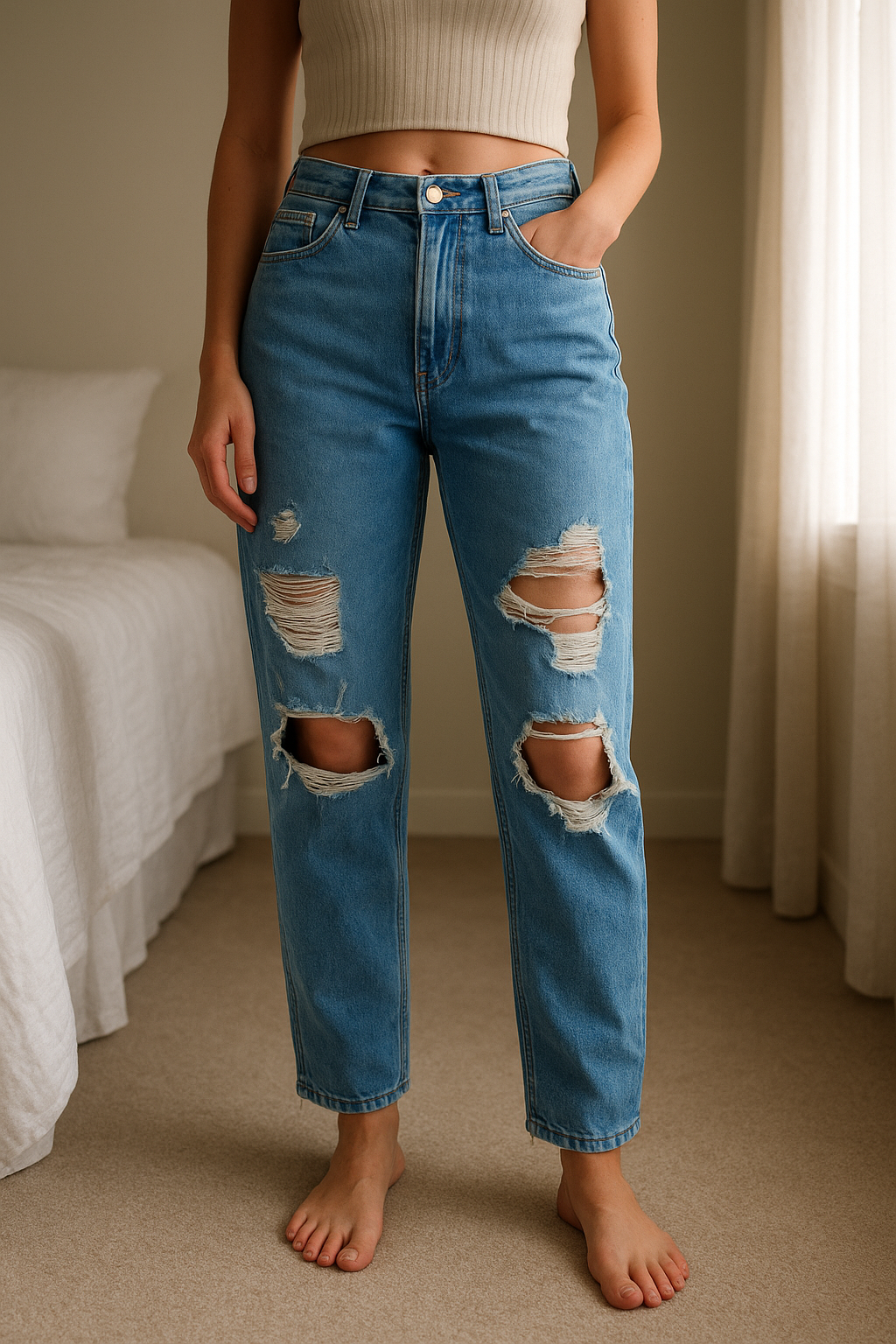 Light Blue Ripped Denim Jeans - size 16 standing straight facing the camera, in a softly lit bedroom setting, with gentle natural light filtering through a window.