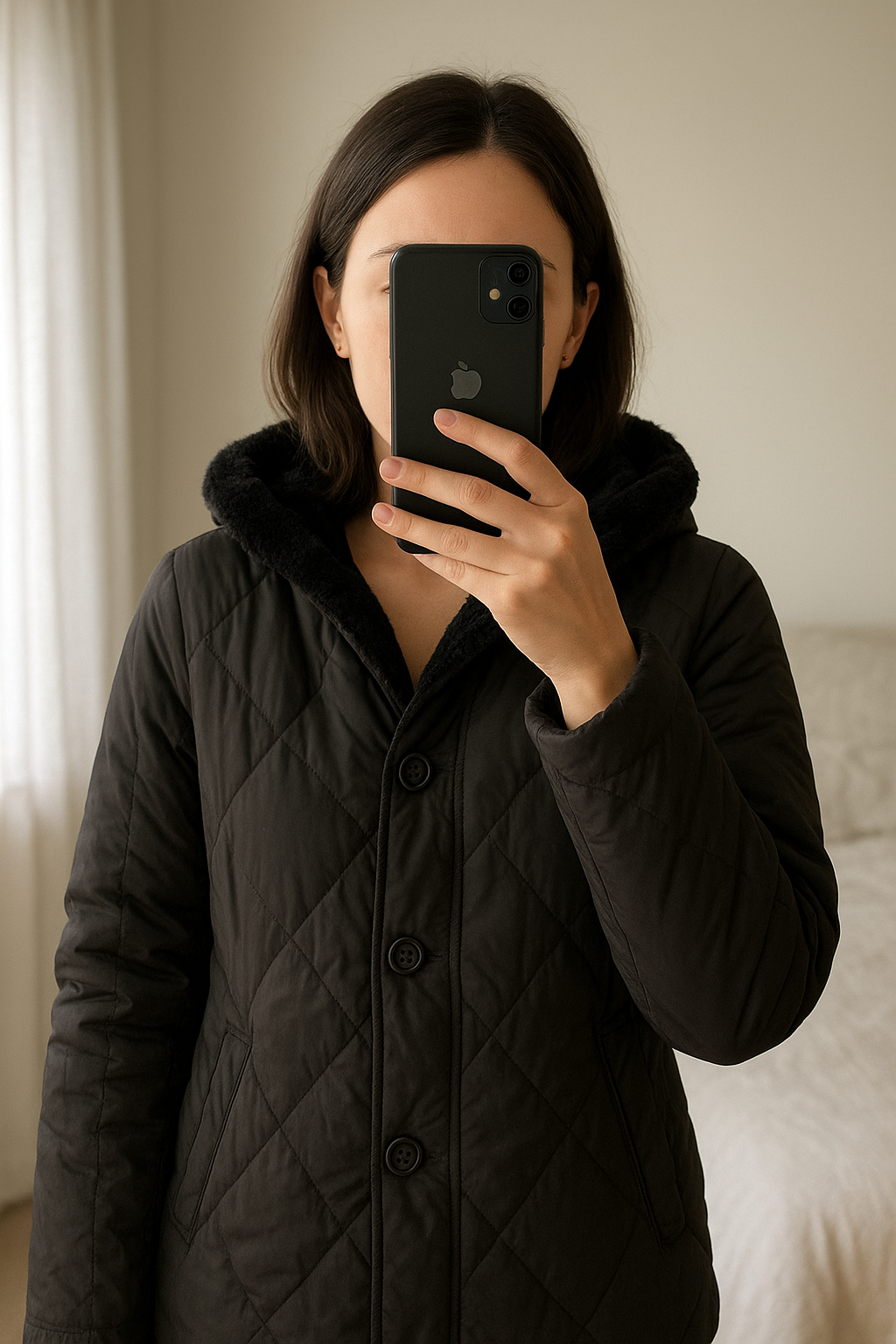 Manteau Femme hiver Armand Thierry debout, face à la caméra, dans une chambre à la lumière douce, avec une lumière naturelle filtrant par la fenêtre.