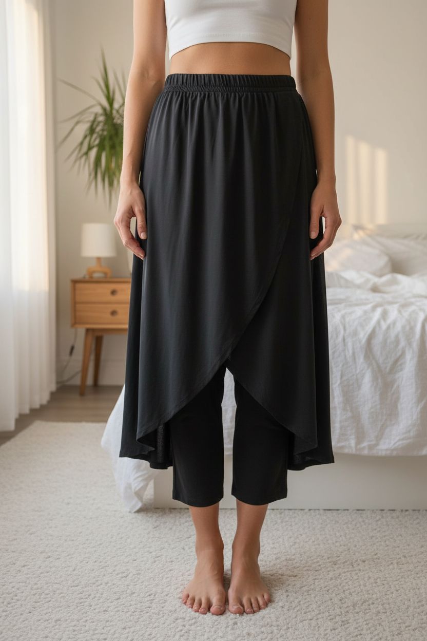 Jupe Vila 42 debout, face à la caméra, dans une chambre à la lumière douce, avec une lumière naturelle filtrant par la fenêtre.