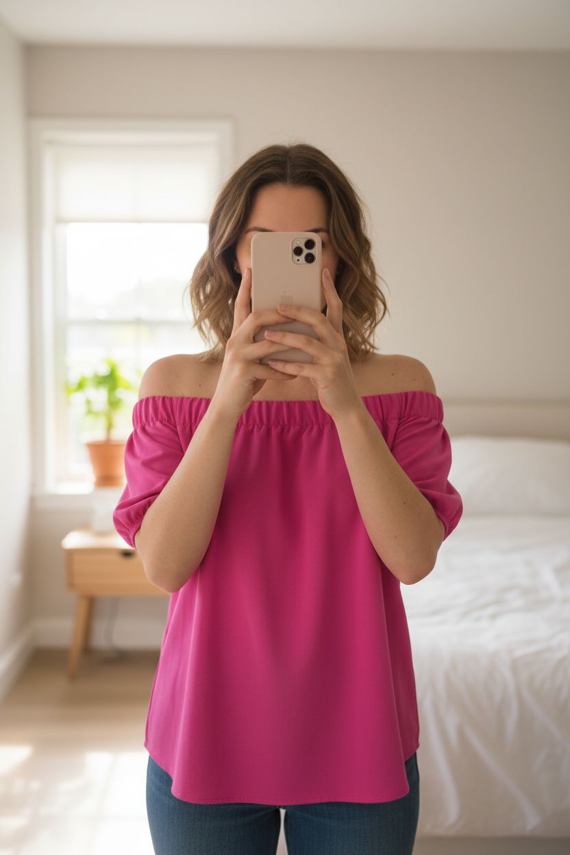 Eine Person in pinkes Carmen Top Primark Gr. 38 – Sommer Party Outfit aufrecht stehend, der Kamera zugewandt, in einem sanft beleuchteten Schlafzimmer, mit natürlichem Licht, das durch ein Fenster fällt.