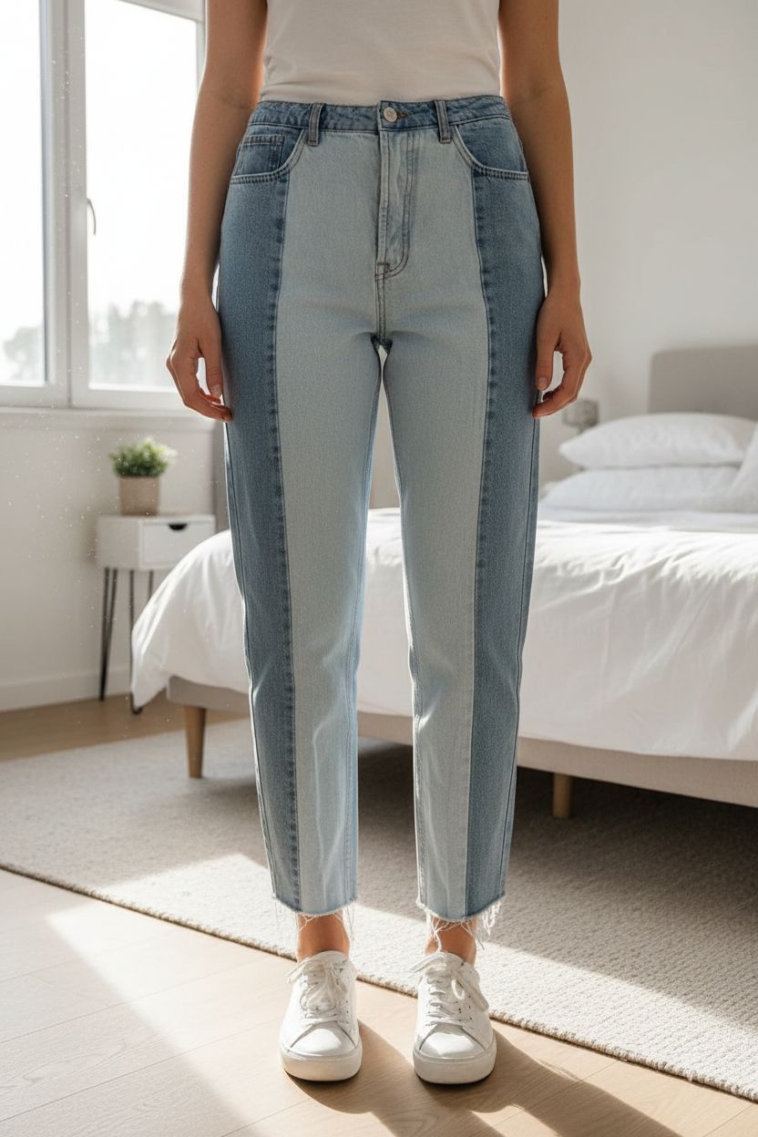 Jean mom Etam taille 42 debout, face à la caméra, dans une chambre à la lumière douce, avec une lumière naturelle filtrant par la fenêtre.