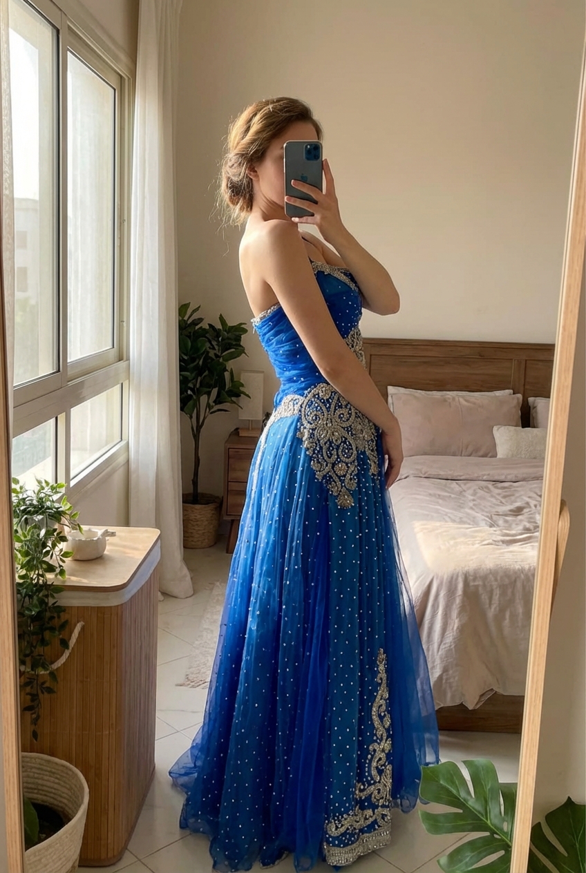 Une personne en Robe de soirée,robe de cocktail,robe de princesse bleue avec des stass Taille M cambrant légèrement le dos pour une pose dynamique, dans une chambre à la lumière douce, avec une lumière naturelle filtrant par la fenêtre.