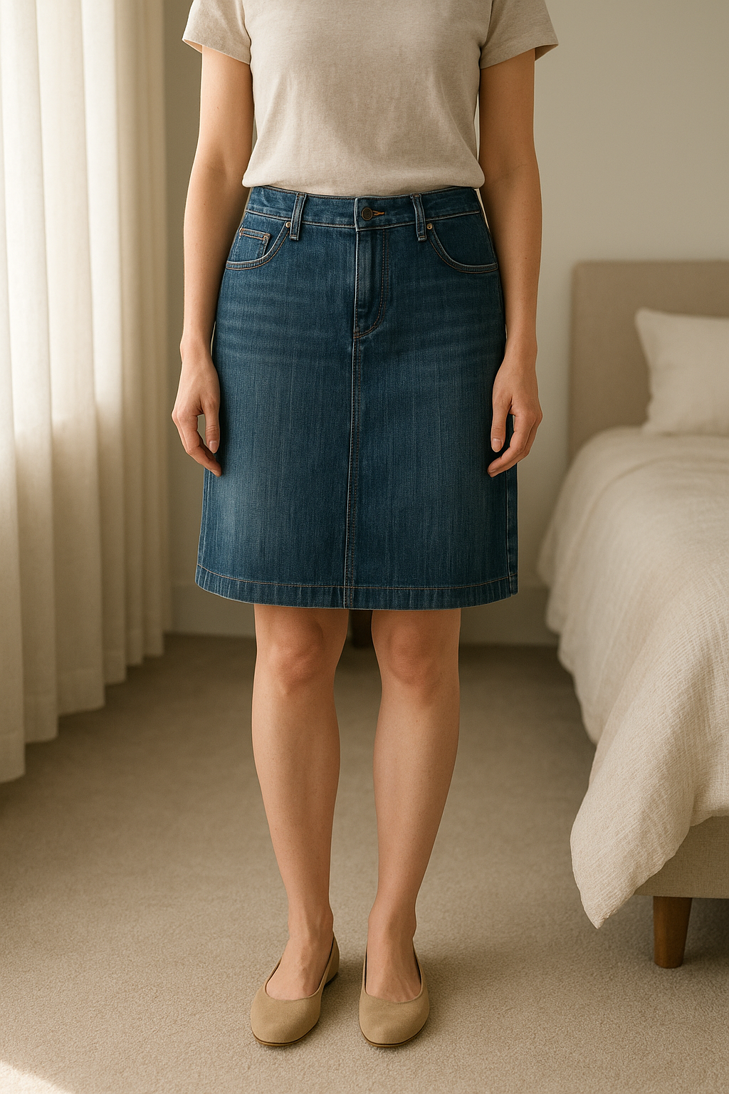 White stuff size 12 denim skirt standing straight facing the camera, in a softly lit bedroom setting, with gentle natural light filtering through a window.