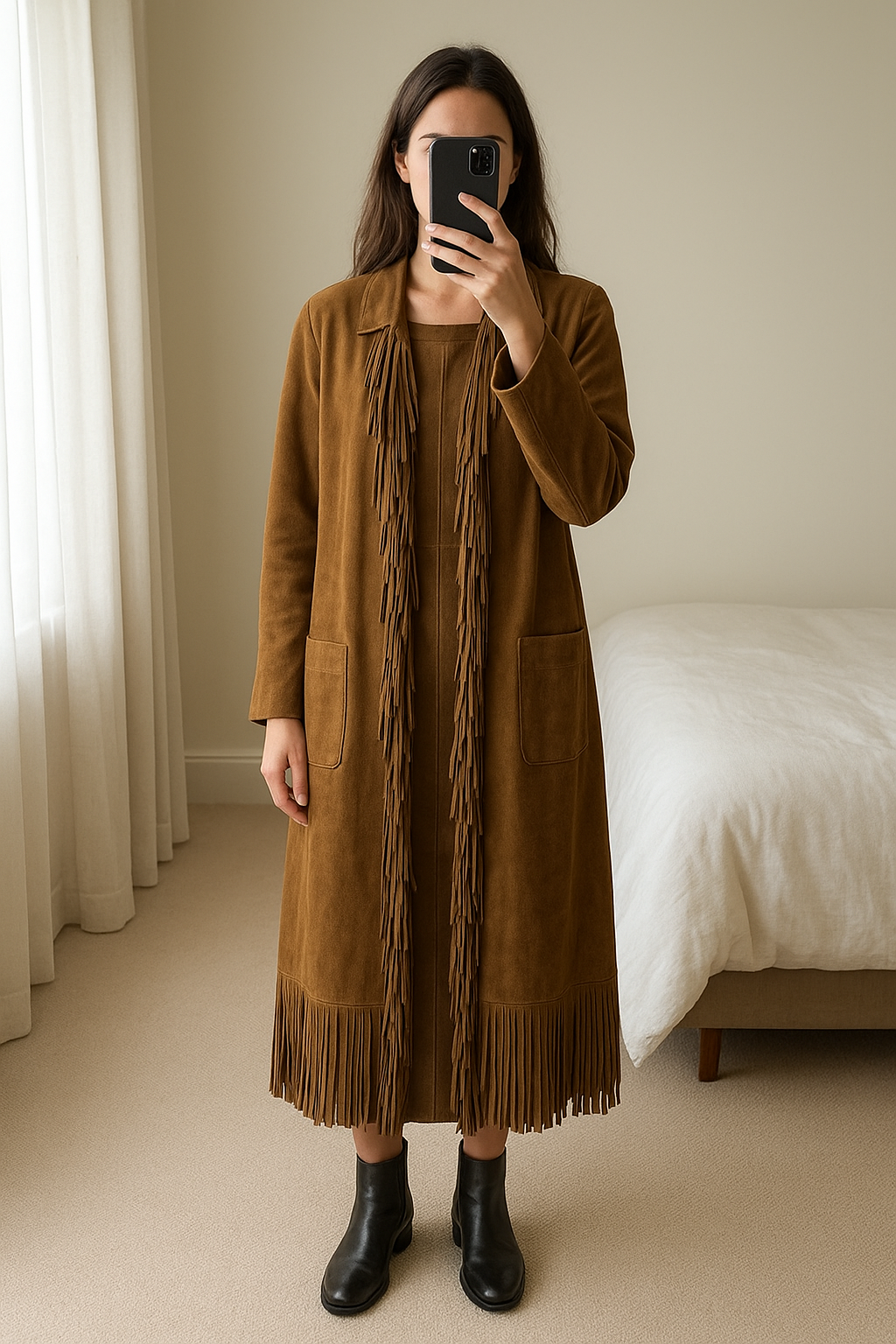 Vinted brown suede coat size 10 standing straight facing the camera, in a softly lit bedroom setting, with gentle natural light filtering through a window.